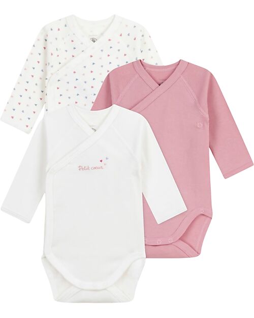 Petit Bateau Body Kimono Manica Lunga - Pacco da 3 - Bianco e Rosa - Cuori - 100% Cotone Bio Body Manica Lunga