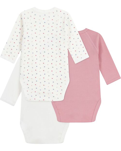 Petit Bateau Body Kimono Manica Lunga - Pacco da 3 - Bianco e Rosa - Cuori - 100% Cotone Bio Body Manica Lunga