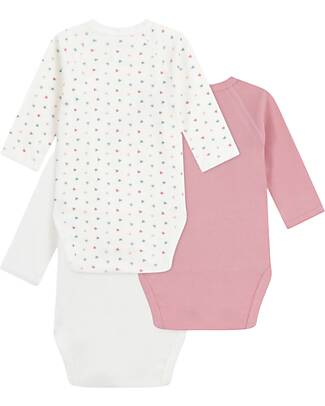 Petit Bateau Body Kimono Manica Lunga - Pacco da 3 - Bianco e Rosa - Cuori - 100% Cotone Bio Body Manica Lunga