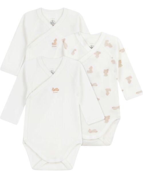 Petit Bateau Body Kimono Manica Lunga - Pacco da 3 - Bianco - Orsetti - 100% Cotone Bio Body Manica Lunga
