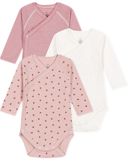 Petit Bateau Body Kimono Manica Lunga - Pacco da 3 - Rosa e Bianco - Righe e Cuori - 100% Cotone Bio Body Manica Lunga