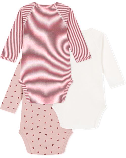 Petit Bateau Body Kimono Manica Lunga - Pacco da 3 - Rosa e Bianco - Righe e Cuori - 100% Cotone Bio Body Manica Lunga