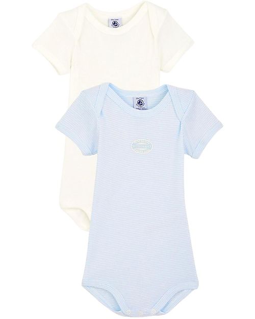 Petit Bateau Body Manica Corta (Pacco da 2) - Millerighe Azzurro e Bianco - 100% Cotone Body Manica Corta