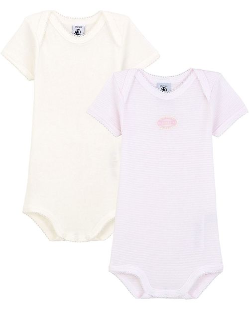 Petit Bateau Body Manica Corta (Pacco da 2) - Millerighe Rosa e Bianco - 100% Cotone Body Manica Corta