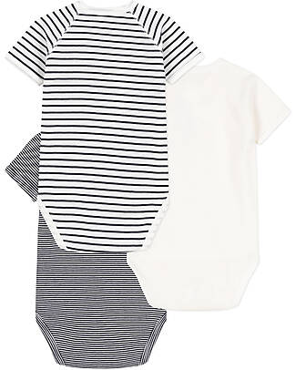 Petit Bateau Body Manica Corta - Pacco da 3 - Bianco/Blu Righe - 100% Cotone Bio Body Manica Corta