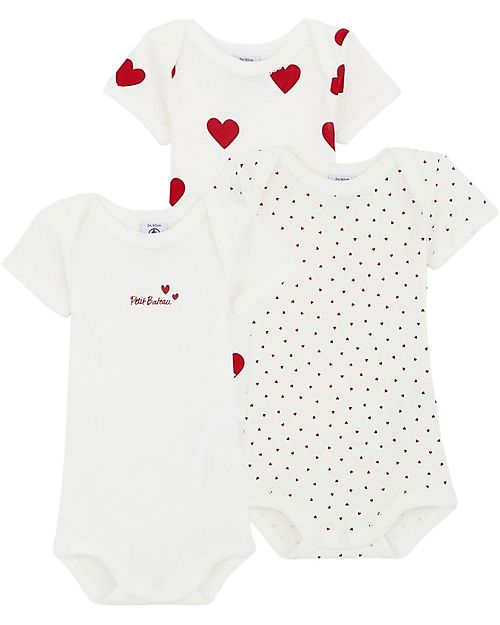 Petit Bateau Body Manica Corta - Pacco da 3 - Bianco con fantasia a cuore/Bianco - 100 %Cotone Body Manica Corta