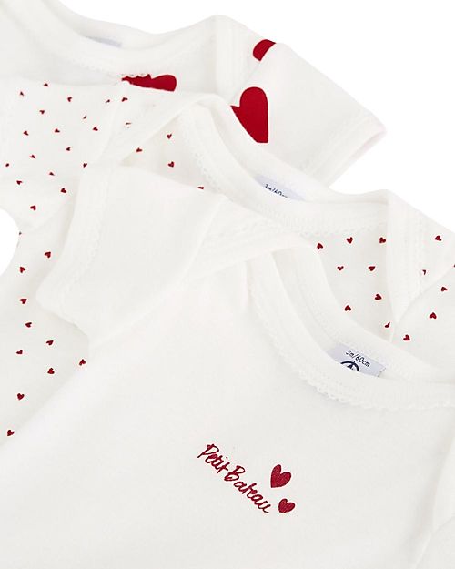 Petit Bateau Body Manica Corta - Pacco da 3 - Bianco con fantasia a cuore/Bianco - 100 %Cotone Body Manica Corta