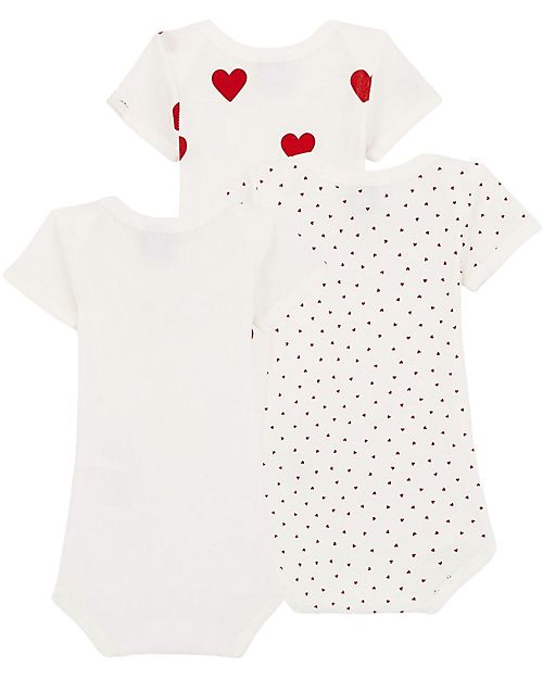 Petit Bateau Body Manica Corta - Pacco da 3 - Bianco con fantasia a cuore/Bianco - 100 %Cotone Body Manica Corta