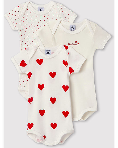 Petit Bateau Body Manica Corta - Pacco da 3 - Bianco con fantasia a cuore/Bianco - 100 %Cotone Body Manica Corta