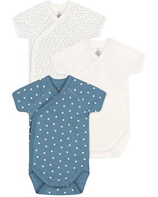 Petit Bateau Body Manica Corta - Pacco da 3 - Bianco con Stelle Blu/Bianco/Blu con stelle Bianche - 100% Cotone Body Manica Corta
