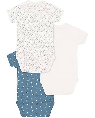 Petit Bateau Body Manica Corta - Pacco da 3 - Bianco con Stelle Blu/Bianco/Blu con stelle Bianche - 100% Cotone Body Manica Corta