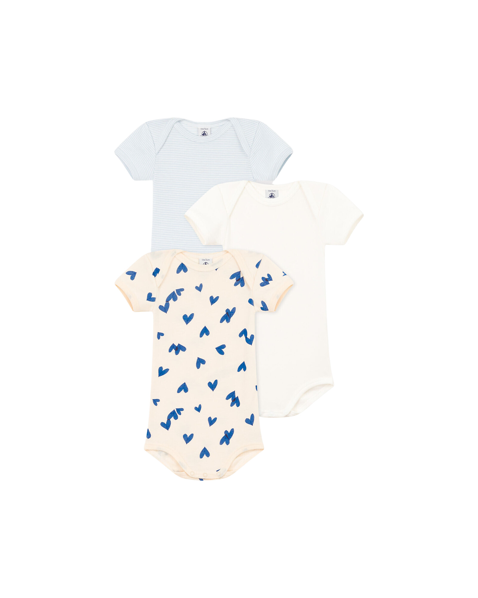 Petit Bateau Body Manica Corta - Pacco da 3 - Bianco/Crema con Cuori/Righe  Celesti - 100% Cotone Bio unisex (bambini)