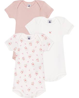 Petit Bateau Body Manica Corta - Pacco da 3 - Bianco e Rosa - Fiori - 100% Cotone Body Manica Corta