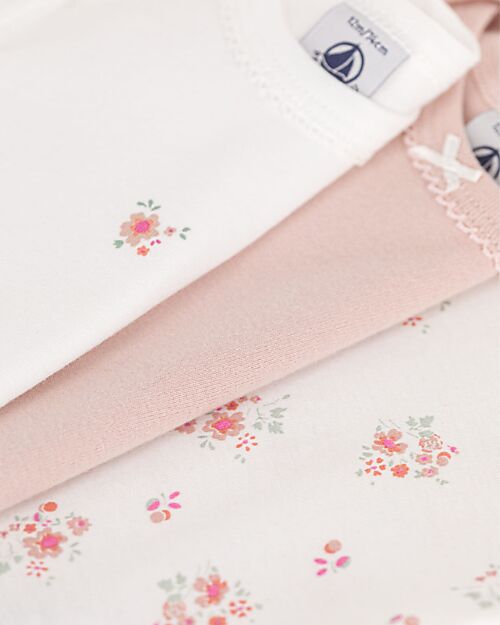 Petit Bateau Body Manica Corta - Pacco da 3 - Bianco e Rosa - Fiori - 100% Cotone Body Manica Corta