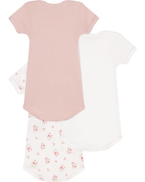 Petit Bateau Body Manica Corta - Pacco da 3 - Bianco e Rosa - Fiori - 100% Cotone Body Manica Corta