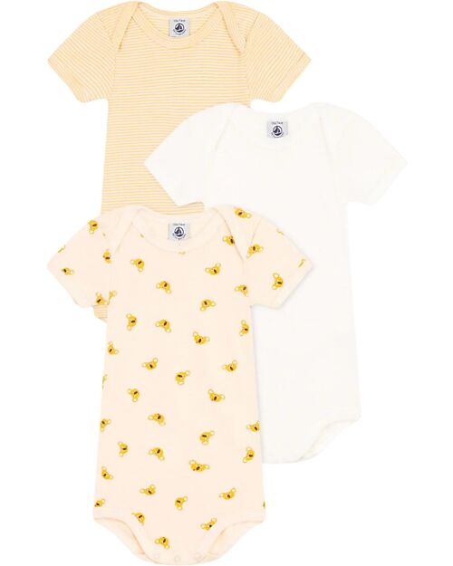 Petit Bateau Body Manica Corta - Pacco da 3 - Bianco/Giallo Koala e Righe - 100% Cotone Bio Body Manica Corta