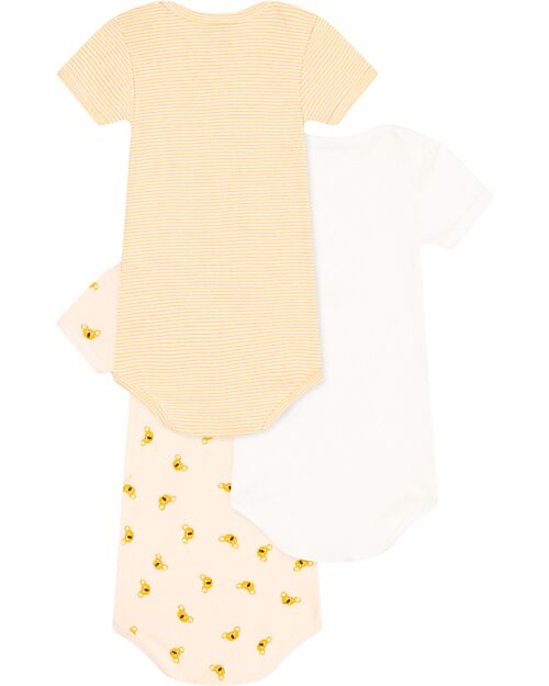 Petit Bateau Body Manica Corta - Pacco da 3 - Bianco/Giallo Koala e Righe - 100% Cotone Bio Body Manica Corta