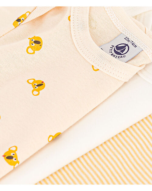 Petit Bateau Body Manica Corta - Pacco da 3 - Bianco/Giallo Koala e Righe - 100% Cotone Bio Body Manica Corta
