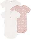 Petit Bateau Body Manica Corta - Pacco da 3 - Bianco/Rosa con Balene - 100% Cotone Bio Body Manica Corta