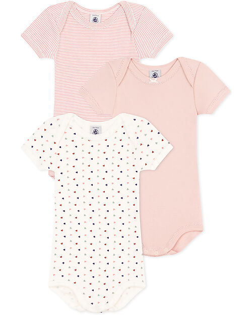 Petit Bateau Body Manica Corta - Pacco da 3 - Bianco/Rosa Cuori e Righe - 100% Cotone Bio Body Manica Corta