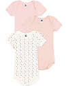 Petit Bateau Body Manica Corta - Pacco da 3 - Bianco/Rosa Cuori e Righe - 100% Cotone Bio Body Manica Corta