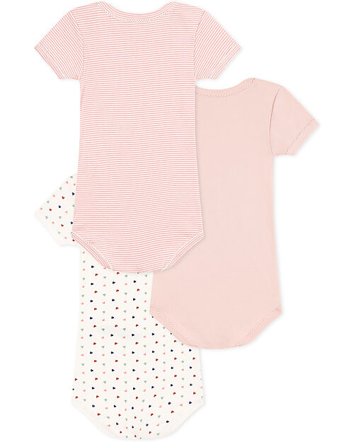 Petit Bateau Body Manica Corta - Pacco da 3 - Bianco/Rosa Cuori e Righe - 100% Cotone Bio Body Manica Corta