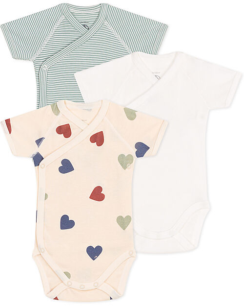 Petit Bateau Body Manica Corta - Pacco da 3 - Bianco/Verde Righe e Cuori - 100% Cotone Bio Body Manica Corta