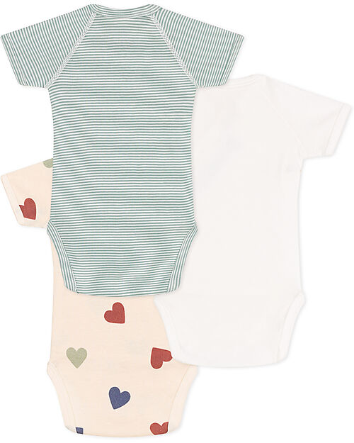 Petit Bateau Body Manica Corta - Pacco da 3 - Bianco/Verde Righe e Cuori - 100% Cotone Bio Body Manica Corta