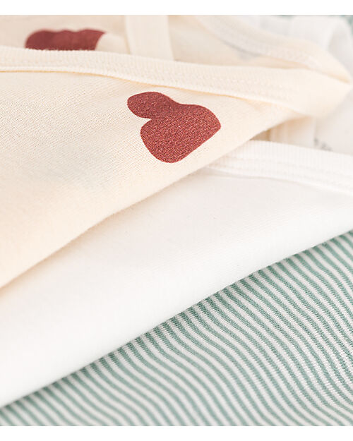 Petit Bateau Body Manica Corta - Pacco da 3 - Bianco/Verde Righe e Cuori - 100% Cotone Bio Body Manica Corta
