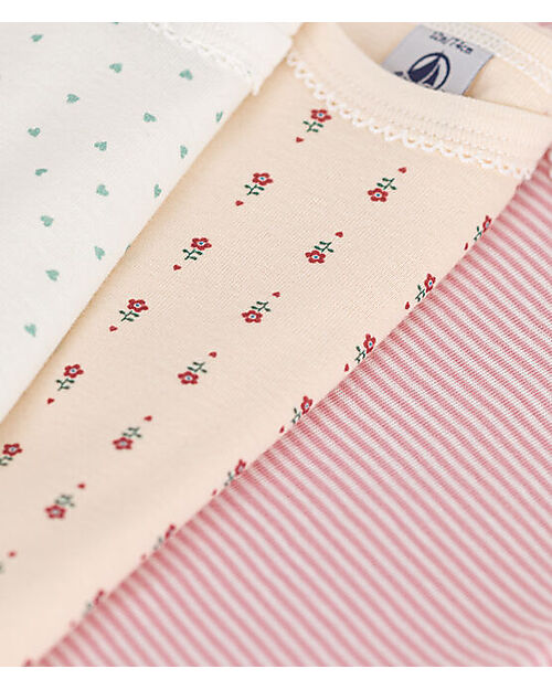 Petit Bateau Body Manica Corta - Pacco da 3 - Cuori Fiori Righe - 100% Cotone Bio Body Manica Corta