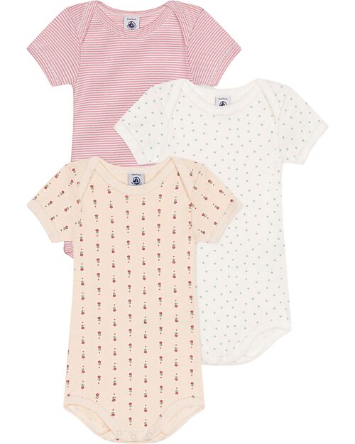 Petit Bateau Body Manica Corta - Pacco da 3 - Cuori Fiori Righe - 100% Cotone Bio Body Manica Corta