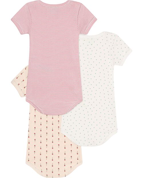 Petit Bateau Body Manica Corta - Pacco da 3 - Cuori Fiori Righe - 100% Cotone Bio Body Manica Corta