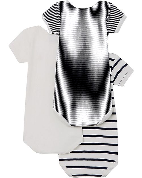 Petit Bateau Body Manica Corta, Pacco da 3 - Millerighe Blu Navy/Bianco - 100% Cotone Body Manica Corta