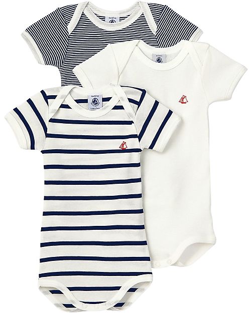 Petit Bateau Body Manica Corta - Pacco da 3 - Millerighe Blu Navy/Bianco - 100% Cotone Body Manica Corta