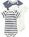 Petit Bateau Body Manica Corta - Pacco da 3 - Millerighe Blu Navy/Bianco - 100% Cotone Body Manica Corta