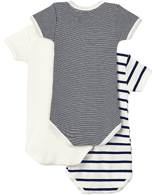 Petit Bateau Body Manica Corta - Pacco da 3 - Millerighe Blu Navy/Bianco - 100% Cotone Body Manica Corta