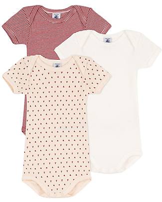 Petit Bateau Body Manica Corta - Pacco da 3 - Millerighe Rosso/Bianco/Rosa con Cuoricini Rossi - 100% Cotone Body Manica Corta