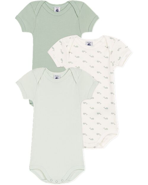 Petit Bateau Body Manica Corta - Pacco da 3 - Verde Salvia - Balene - 100% Cotone Body Manica Corta