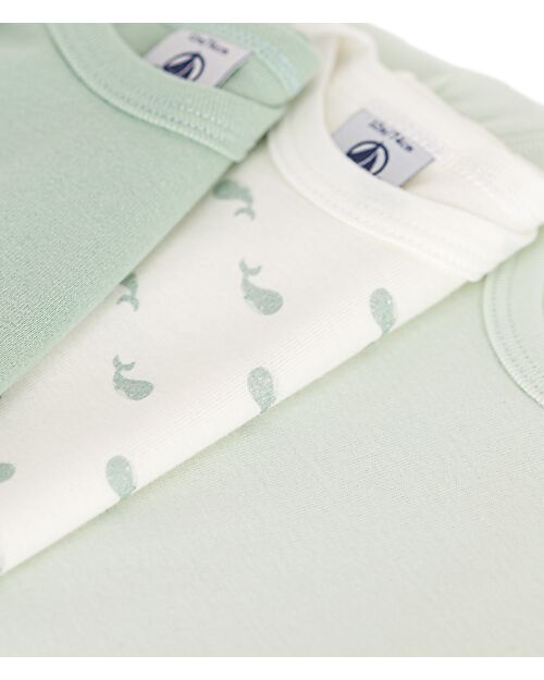 Petit Bateau Body Manica Corta - Pacco da 3 - Verde Salvia - Balene - 100% Cotone Body Manica Corta