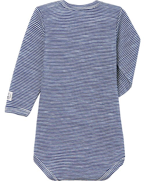 Petit Bateau Body Manica Lunga - Blu Millerighe - Lana e Cotone Biologico Body Manica Lunga