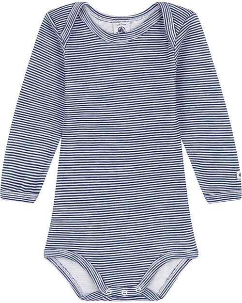 Petit Bateau Body Manica Lunga - Blu Millerighe - Lana e Cotone Biologico Body Manica Lunga