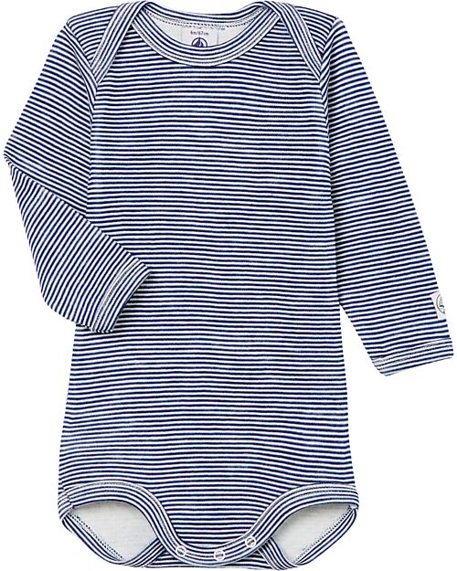 Petit Bateau Body Manica Lunga - Blu Millerighe - Lana e Cotone Biologico Body Manica Lunga