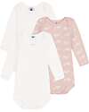 Petit Bateau Body Manica Lunga Non Incrociato - Pacco da 3 - Bianco e Rosa - Balene - 100% Cotone Bio Body Manica Lunga