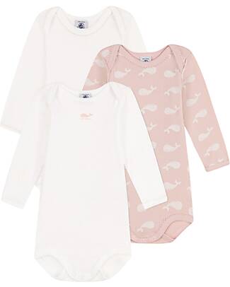 Petit Bateau Body Manica Lunga Non Incrociato - Pacco da 3 - Bianco e Rosa - Balene - 100% Cotone Bio Body Manica Lunga