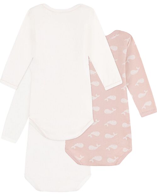 Petit Bateau Body Manica Lunga Non Incrociato - Pacco da 3 - Bianco e Rosa - Balene - 100% Cotone Bio Body Manica Lunga