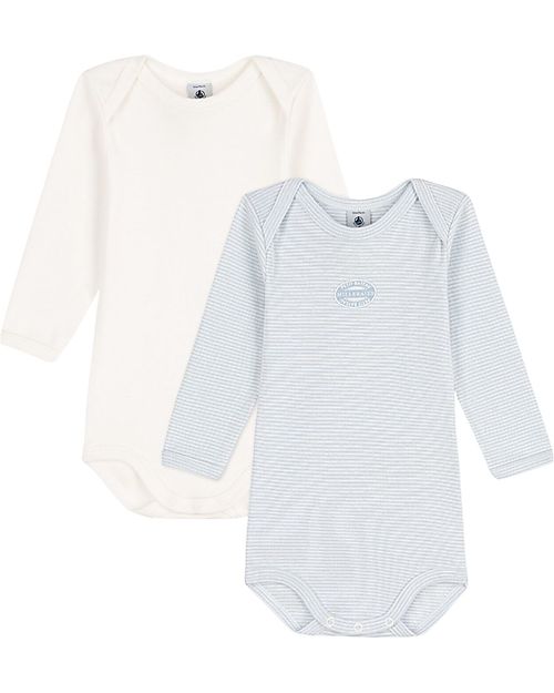Petit Bateau Body Manica Lunga - Pacco da 2 - Bianco/Azzurro Millerighe - 100% Cotone Body Manica Lunga