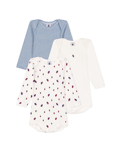 Petit Bateau Body Manica Lunga - Pacco da 3 - Bianco/Azzurro - Barchette e Righe - 100% Cotone Bio
 Body Manica Lunga