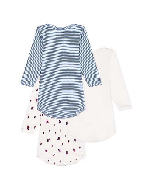 Petit Bateau Body Manica Lunga - Pacco da 3 - Bianco/Azzurro - Barchette e Righe - 100% Cotone Bio
 Body Manica Lunga