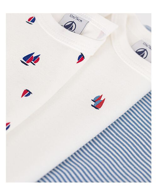 Petit Bateau Body Manica Lunga - Pacco da 3 - Bianco/Azzurro - Barchette e Righe - 100% Cotone Bio
 Body Manica Lunga