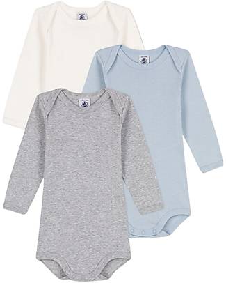 Petit Bateau Body Manica Lunga - Pacco da 3 - Bianco/Azzurro/Grigio - 100% Cotone Body Manica Lunga